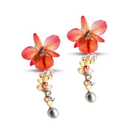 Orecchini Libellula in Oro, Brillanti, Zaffiri, Fiori veri e Perle MOD. T 21 OR