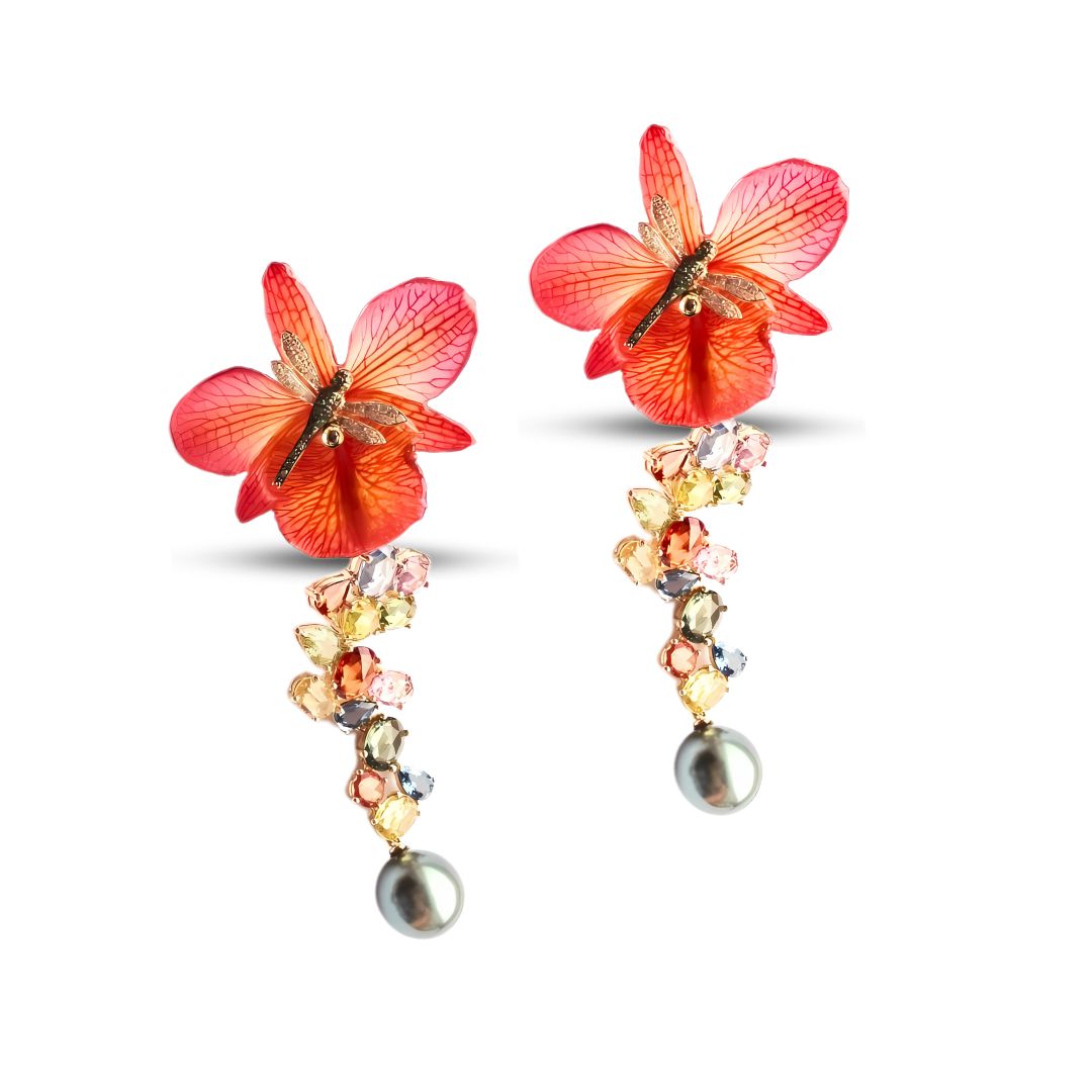 Orecchini Libellula in Oro, Brillanti, Zaffiri, Fiori veri e Perle MOD. T 21 OR
