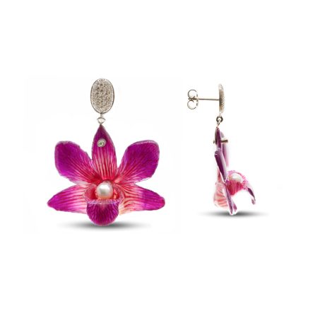 Orecchini in argento e zirconi, con orchidee e perle MOD.320 OR