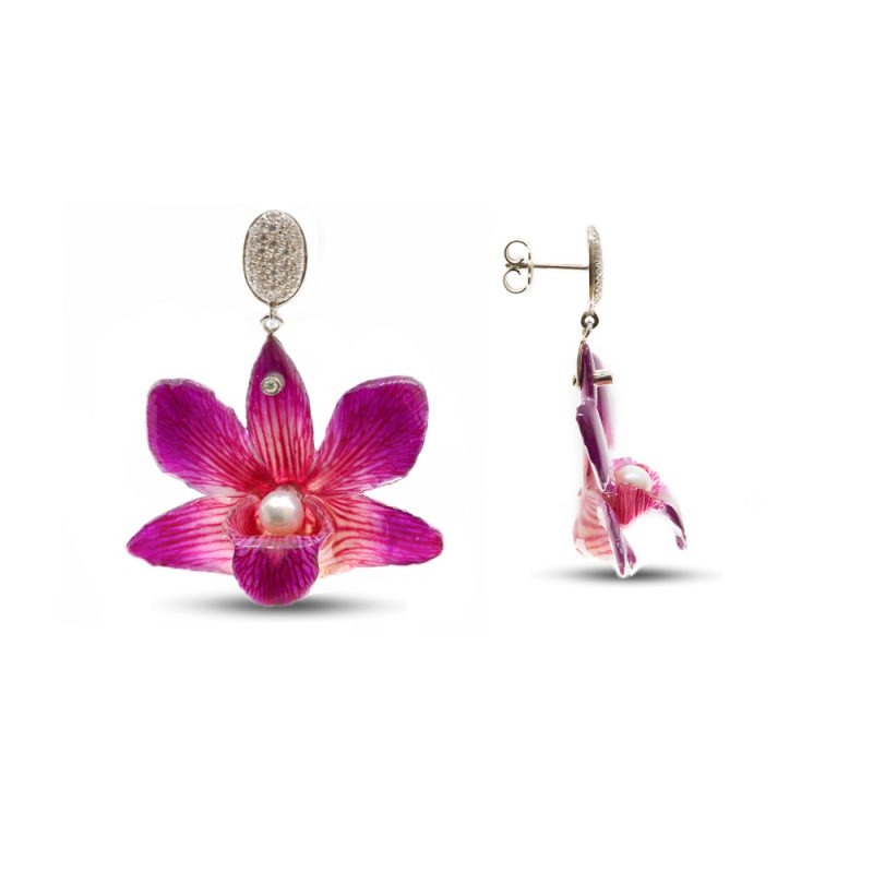Orecchini in argento e zirconi, con orchidee e perle MOD.320 OR