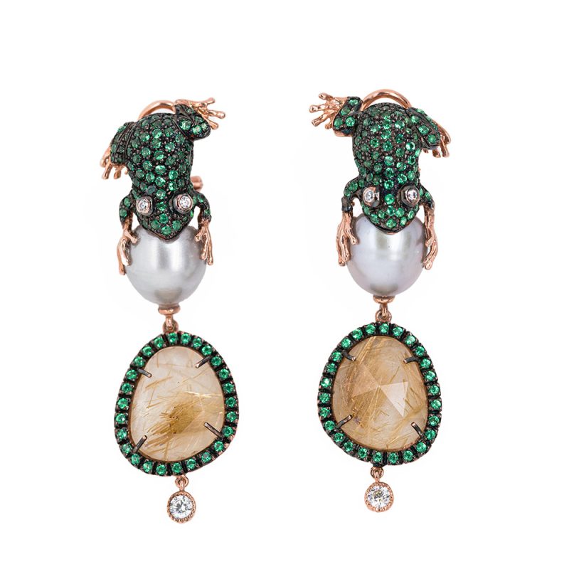 Orecchini Rana in Argento con Pietre preziose, Perle e Quarzo fumé <br><h6>MOD.OR RANA PERLA</h6> - immagine 3