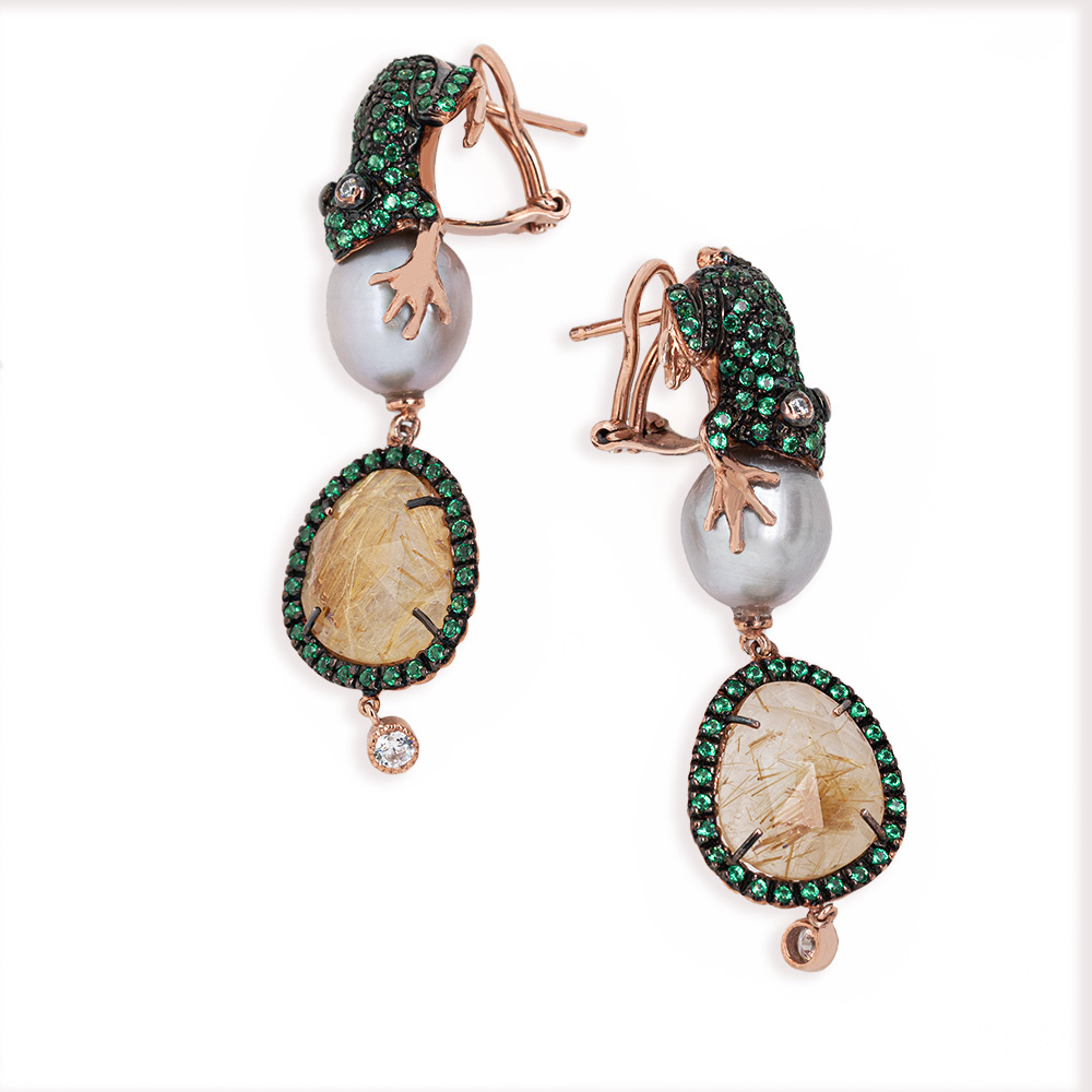 Orecchini Rana in Argento con Pietre preziose, Perle e Quarzo fumé <br><h6>MOD.OR RANA PERLA</h6> - immagine 2