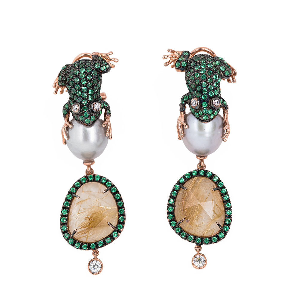 Orecchini Rana in Argento con Pietre preziose, Perle e Quarzo fumé <br><h6>MOD.OR RANA PERLA</h6> - immagine 3