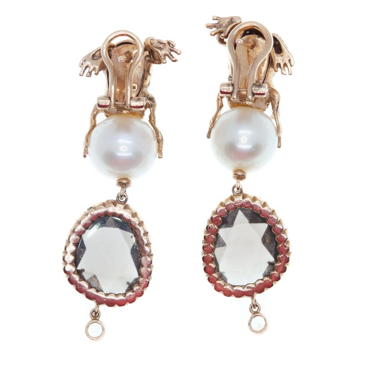 Orecchini Rana in Argento con Pietre preziose, Perle e Quarzo fumé <br><h6>MOD.OR RANA PERLA</h6> - immagine 6