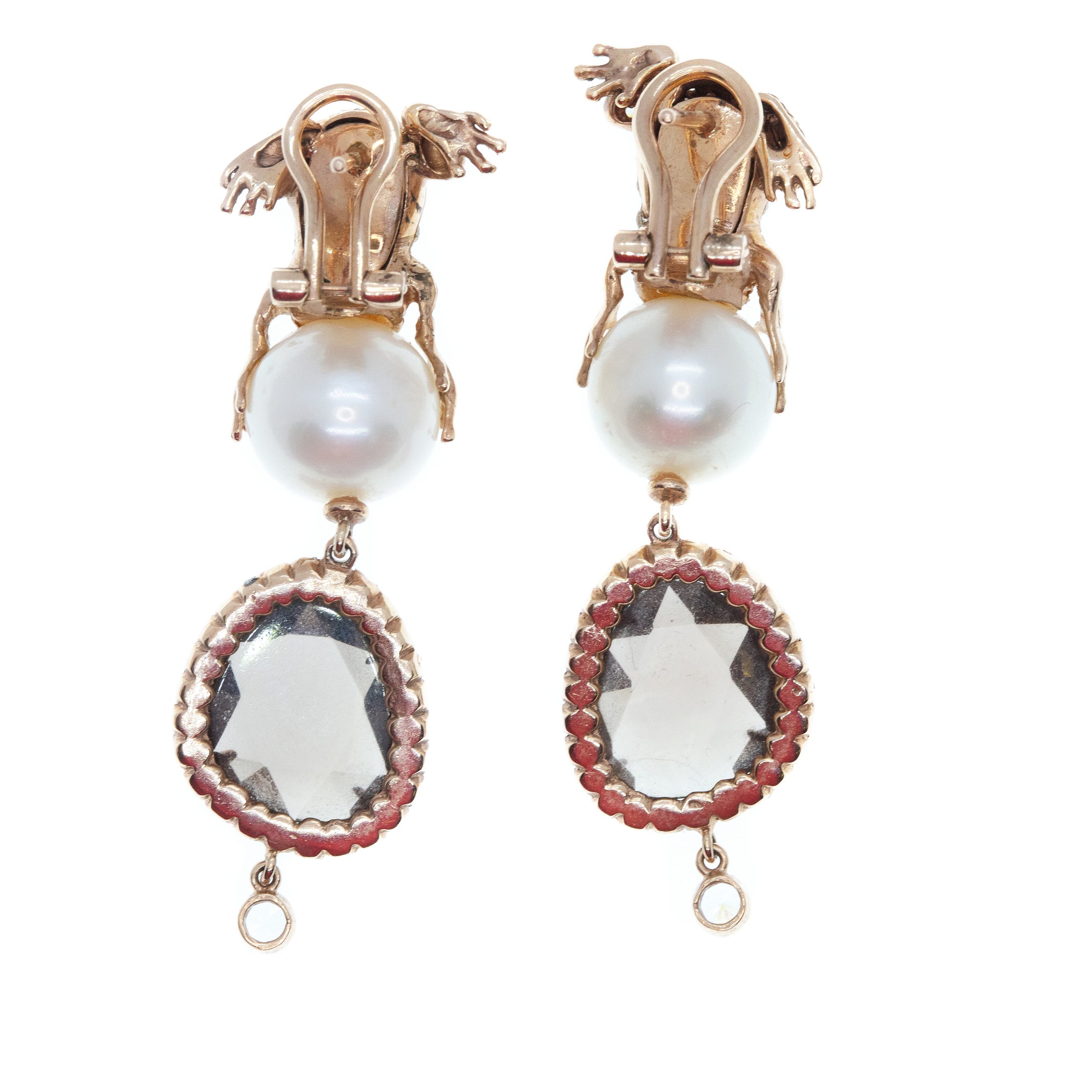 Orecchini Rana in Argento con Pietre preziose, Perle e Quarzo fumé <br><h6>MOD.OR RANA PERLA</h6> - immagine 6