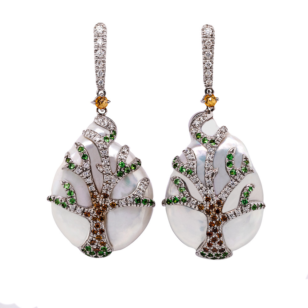 Orecchini in Oro con Perla, Diamanti, Zaffiri e Tzavorite <br><h6>FLO-003 OR</h6>
