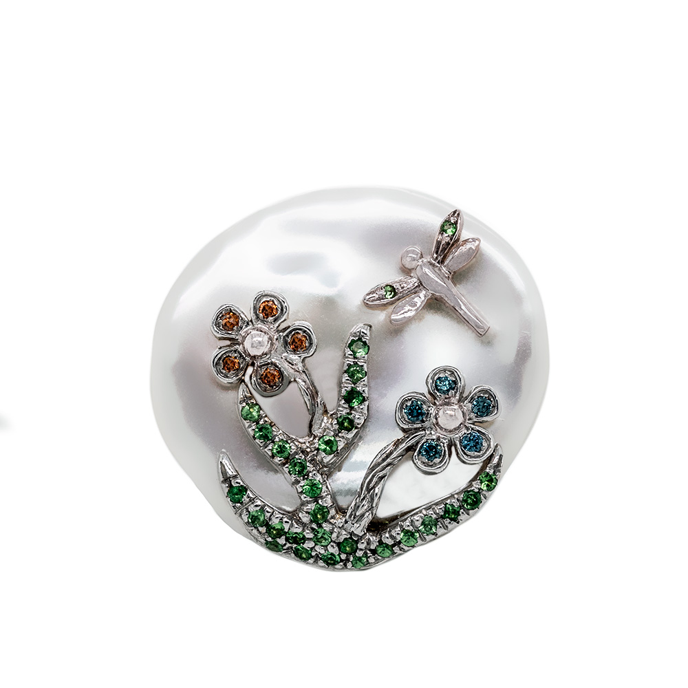 Anello in Oro con Perla, Diamanti e Tzavorite <br><h6>FLO-005 AN</h6> - immagine 4
