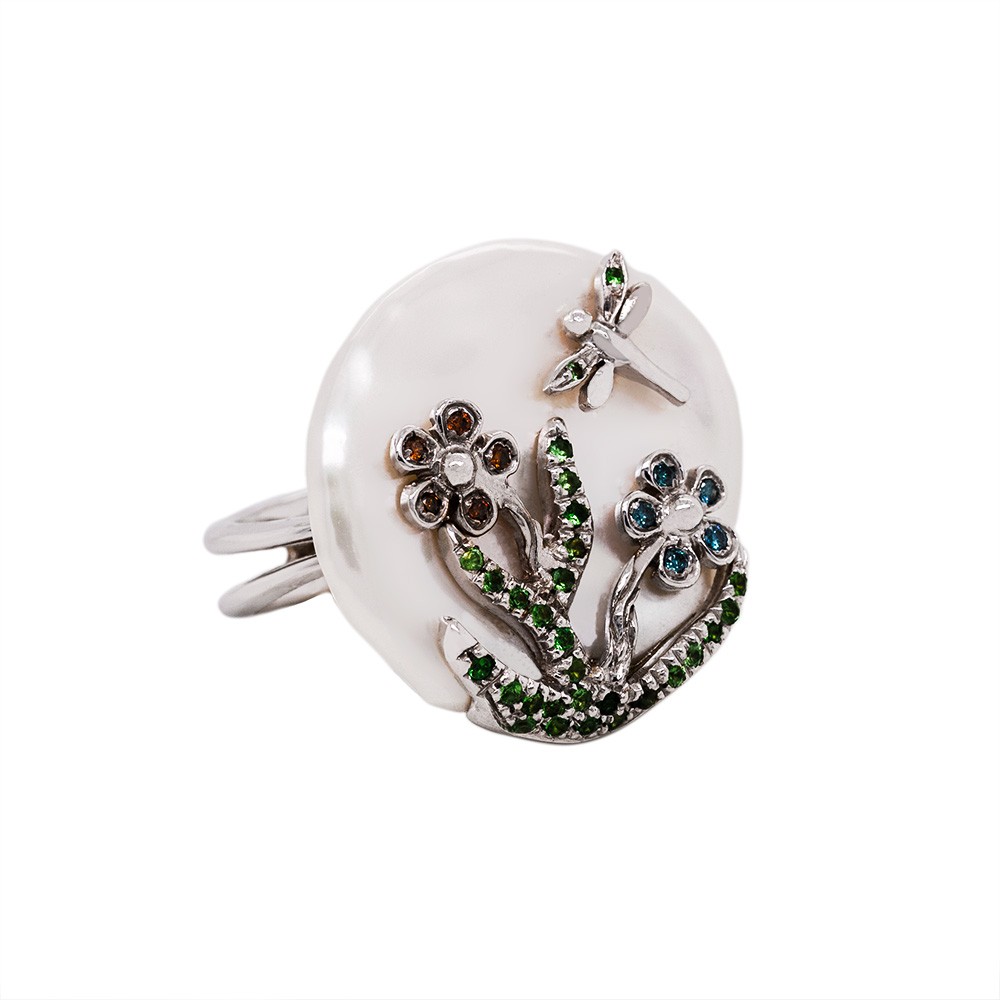 Anello in Oro con Perla, Diamanti e Tzavorite <br><h6>FLO-005 AN</h6> - immagine 3
