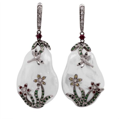 Orecchini in Oro con Perla, Diamanti, Smeraldi e Tzavorite <br><h6>FLO-004 OR</h6>