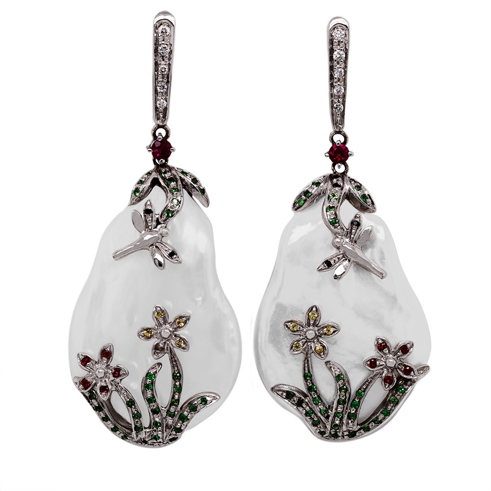 Orecchini in Oro con Perla, Diamanti, Smeraldi e Tzavorite <br><h6>FLO-004 OR</h6>