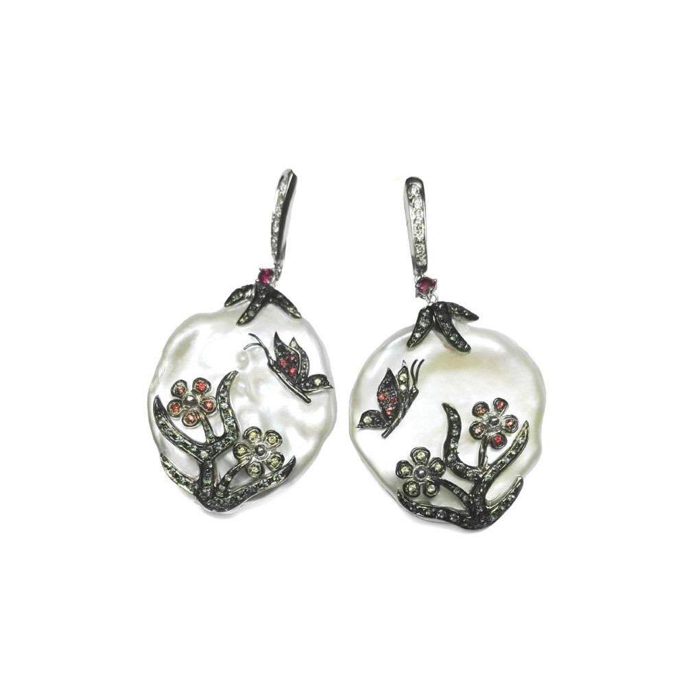 Orecchini in oro con perla, diamanti, rubini, zaffiri e tzavorite FLO-001 OR