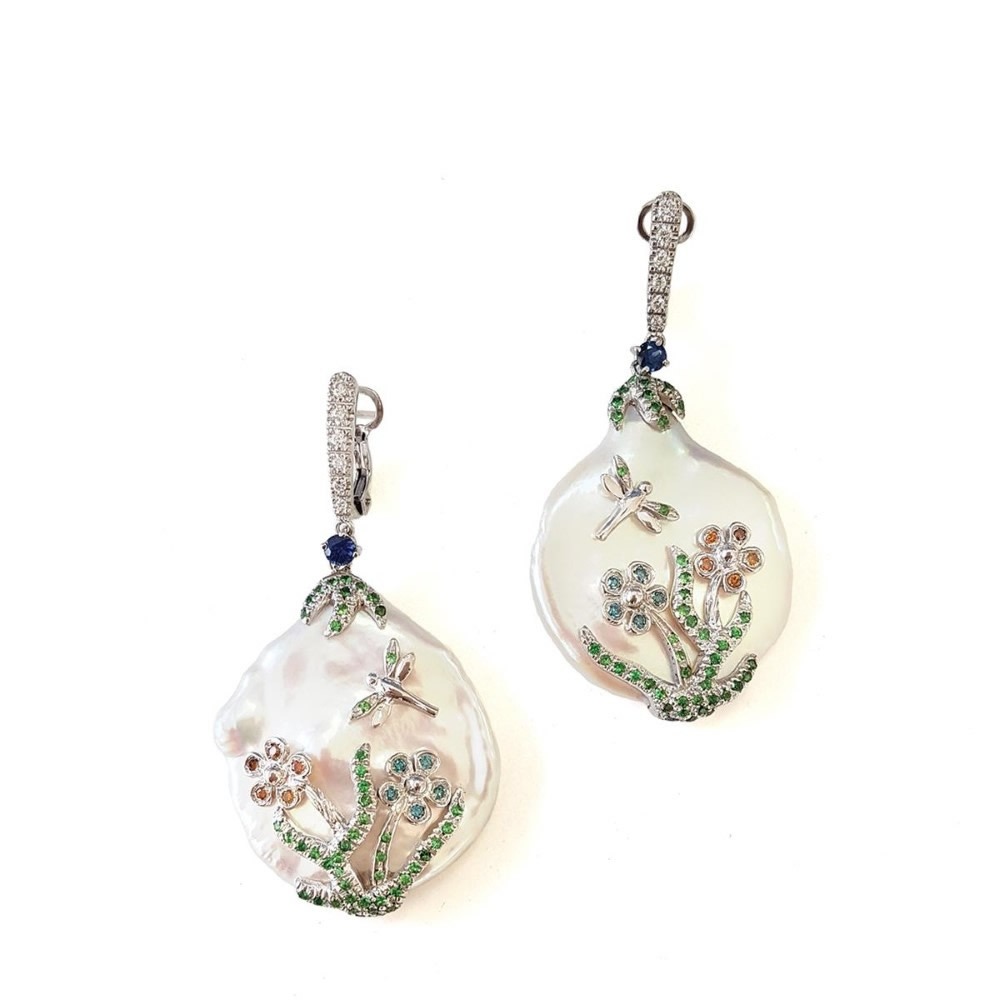 Orecchini in oro con perla, diamanti, zaffiro e tzavorite FLO-005 OR