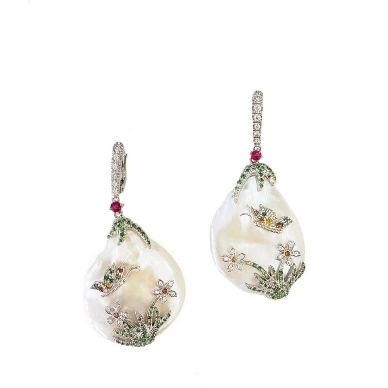 Orecchini in oro con perla, diamanti, rubini e tzavorite FLO-006 OR