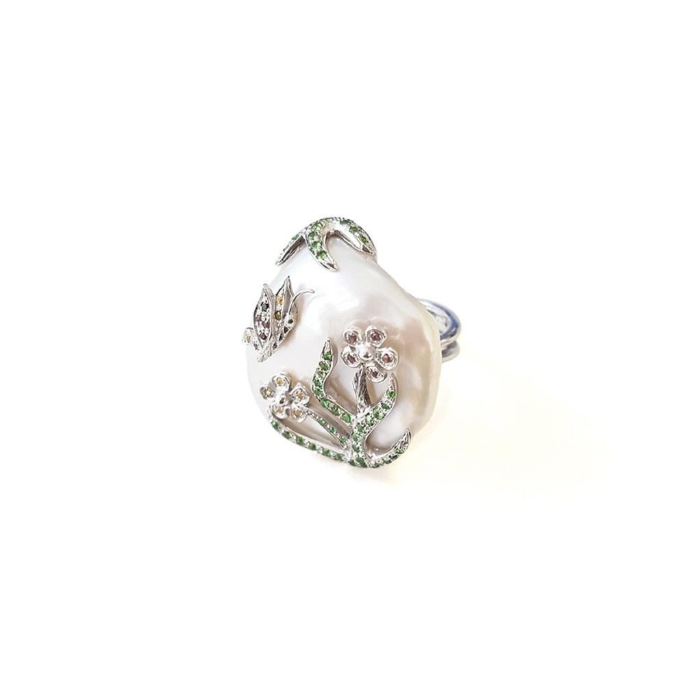 Anello in oro con perla, zaffiri e tzavorite FLO-001 AN