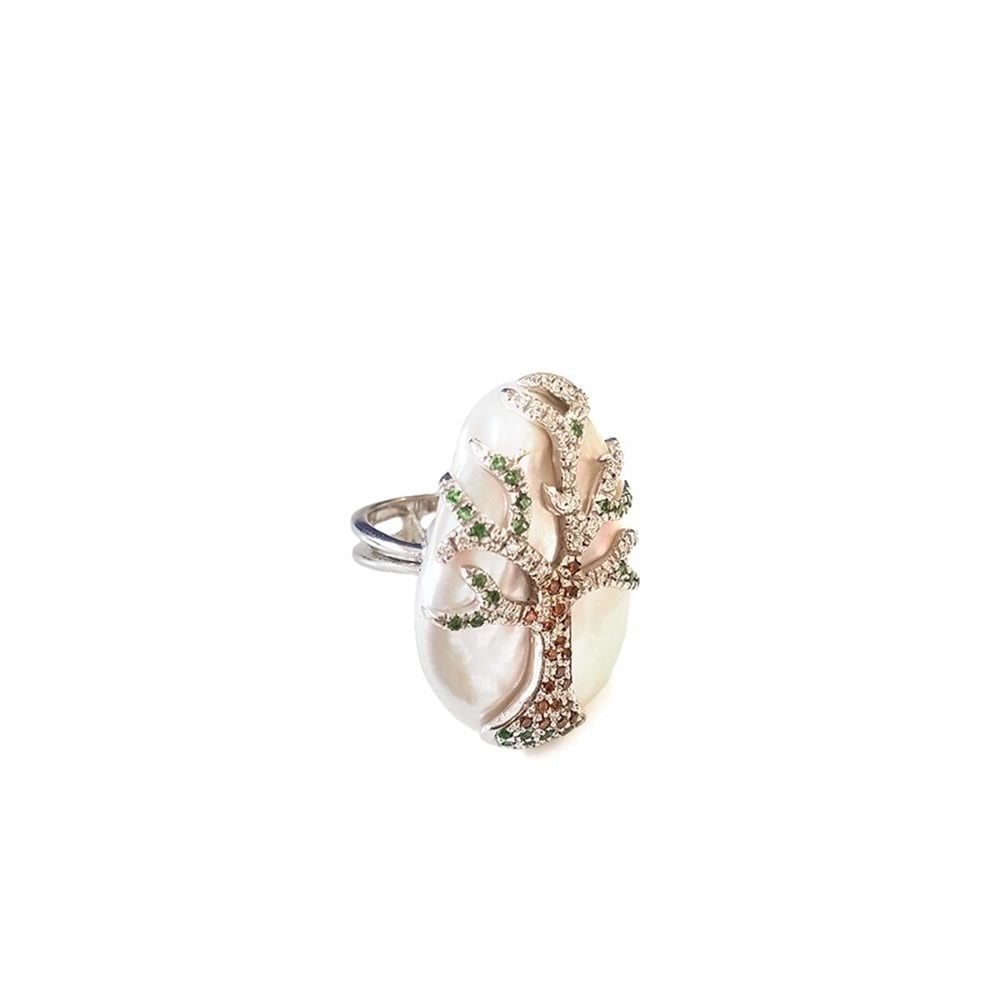 Anello in oro con perla, diamanti e tzavorite FLO-003 AN