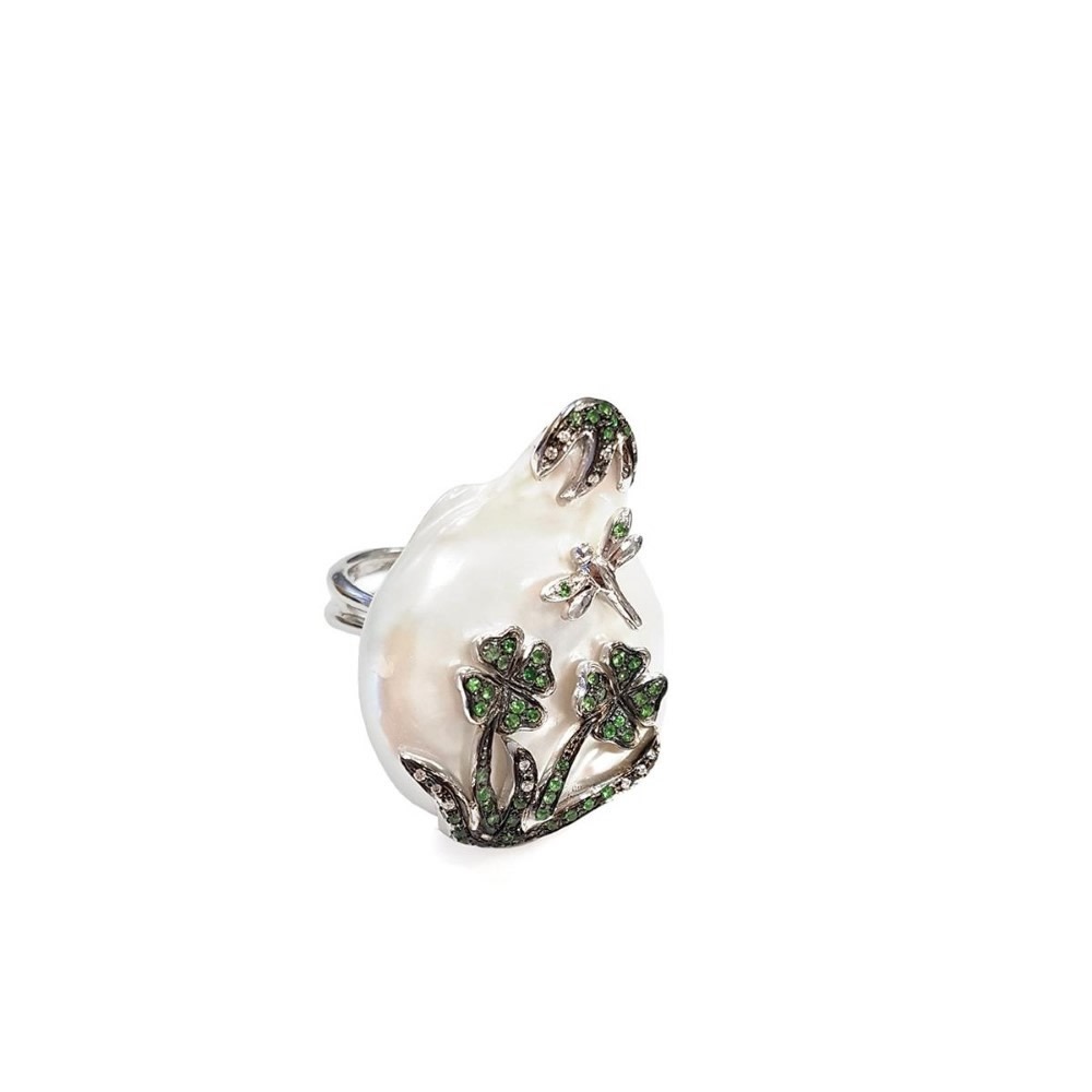 Anello in oro con perla, diamanti e tzavorite FLO-004 AN