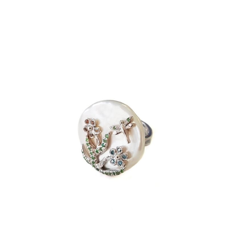 Anello in oro con perla, diamanti e tzavorite FLO-005 AN