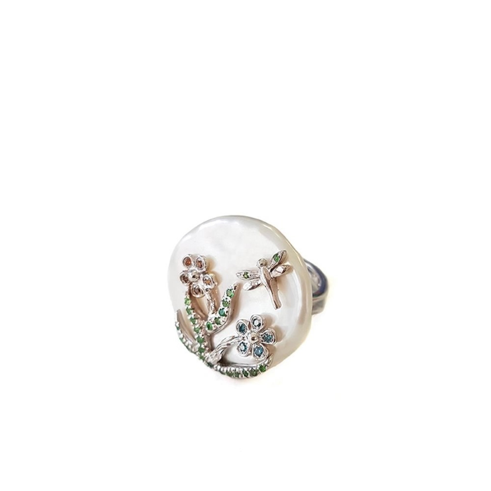 Anello in oro con perla, diamanti e tzavorite FLO-005 AN