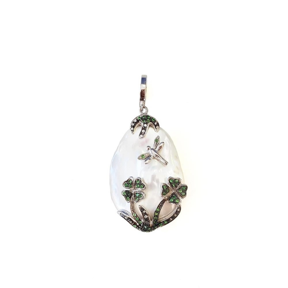 Pendente in oro con perla, diamanti e tzavorite FLO-004 CION