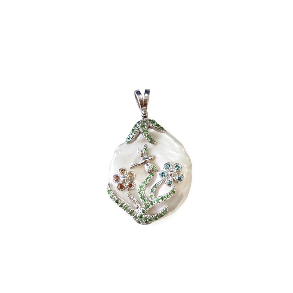 Pendente in oro con perla, diamanti e tzavorite FLO-005 CION