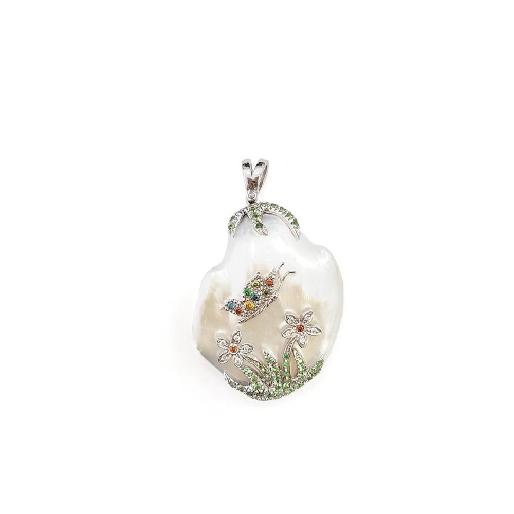 Pendente in oro con perla, diamanti e tzavorite FLO-006 CION