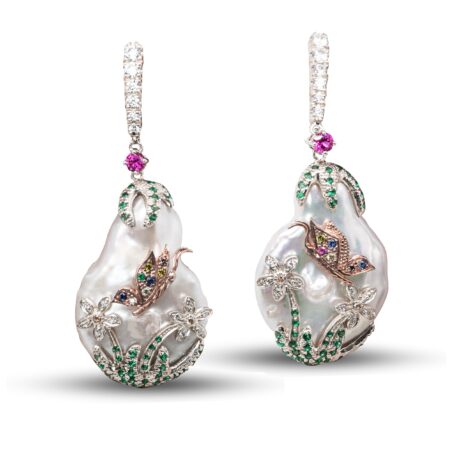 Orecchini in Oro con Perla, Diamanti, Rubini e Tzavorite <br><h6>FLO-006 OR</h6>