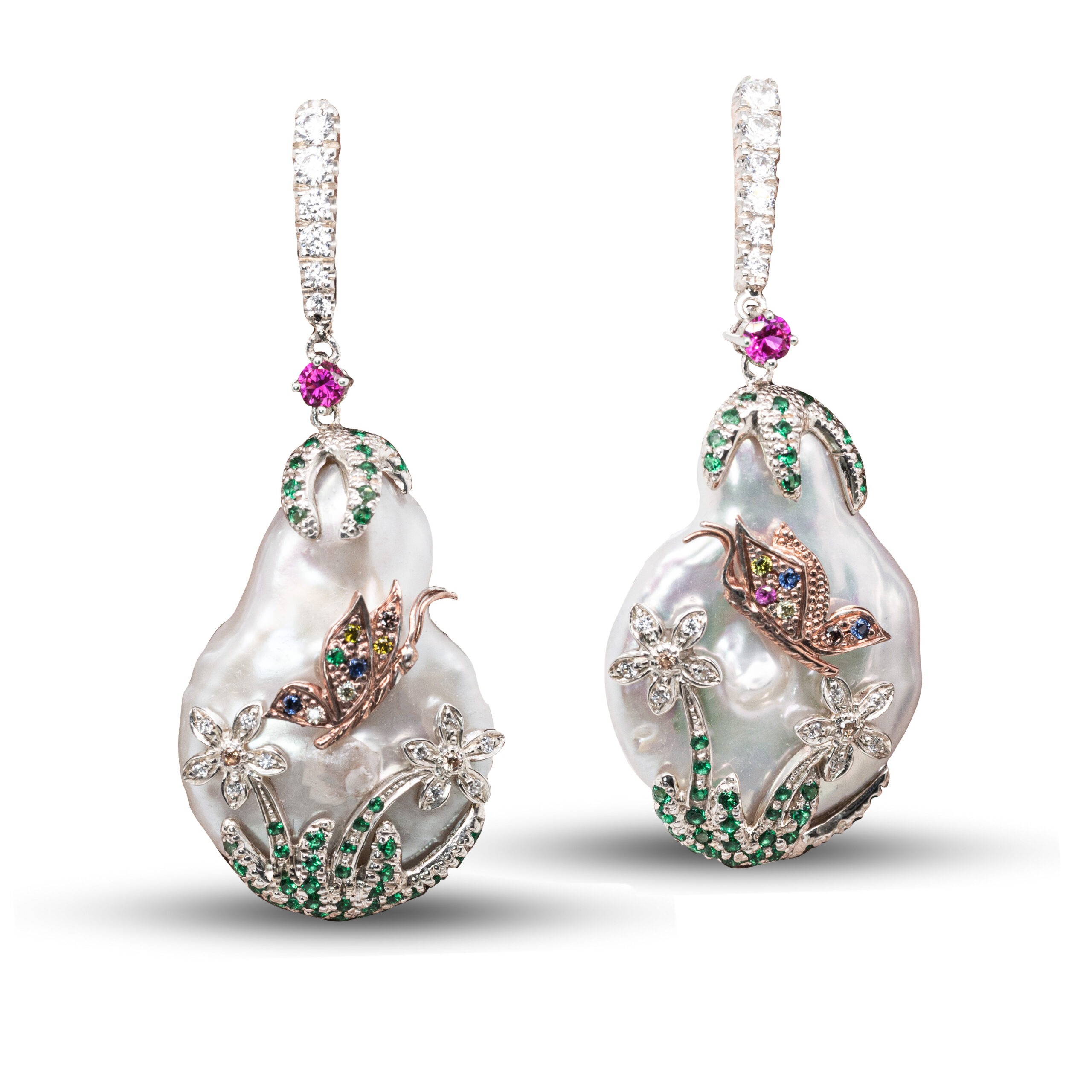 Orecchini in Oro con Perla, Diamanti, Rubini e Tzavorite <br><h6>FLO-006 OR</h6>