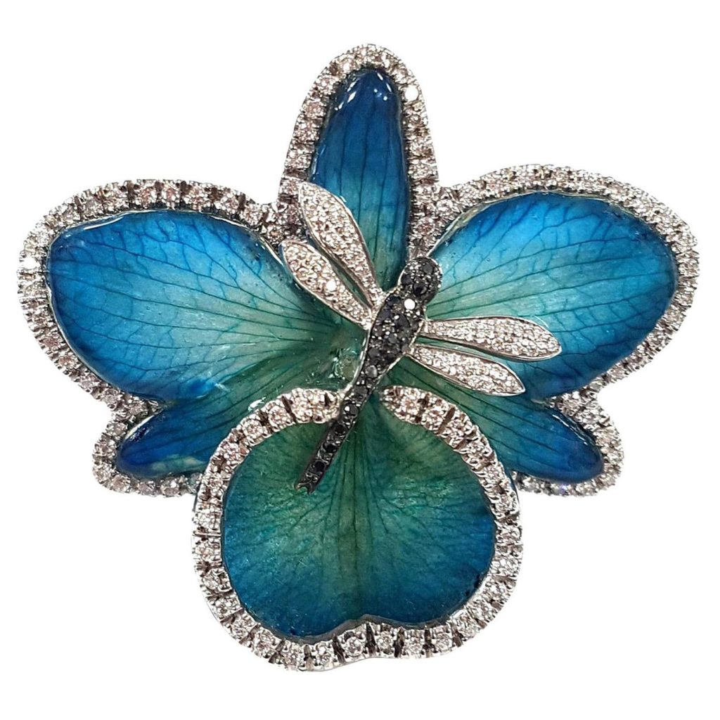 Collana lunga placcata argento sterling e libellula con cristalli artigianali verdi | Italia