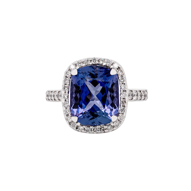 Anello in oro 18 carati, con diamanti carati 0,45 e tanzanite carati 3,68
