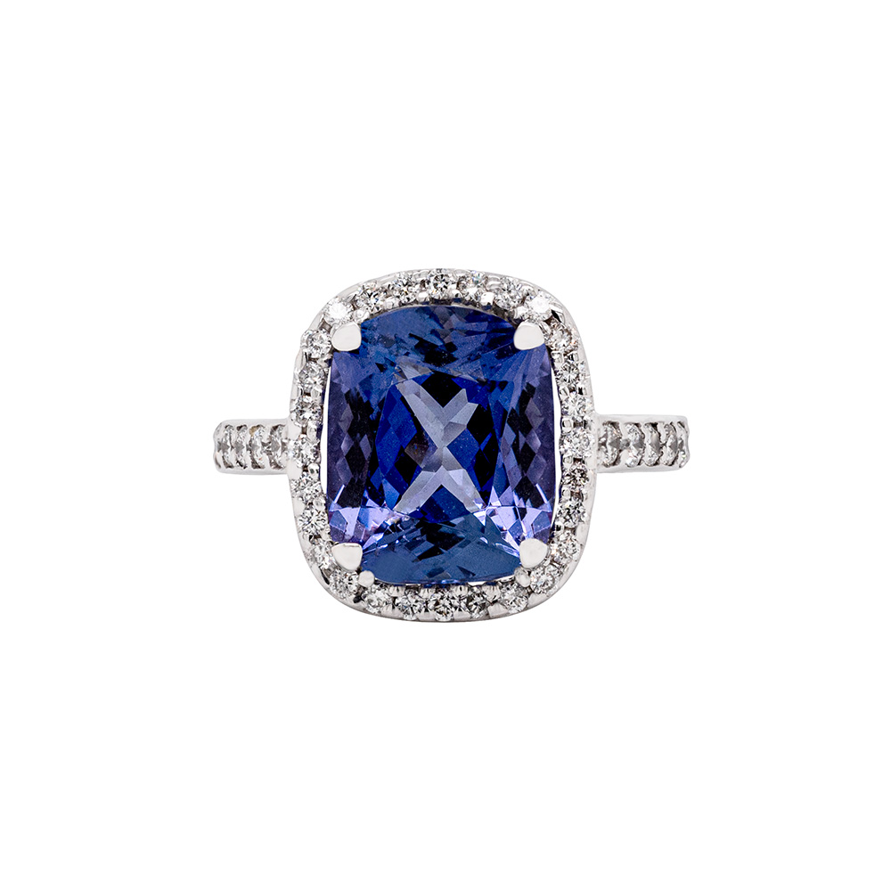 Anello in oro 18 carati, con diamanti carati 0,45 e tanzanite carati 3,68