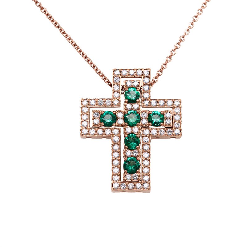 Croce in oro rosa con diamanti e smeraldi <br><h6>CRO-300 G</h6>