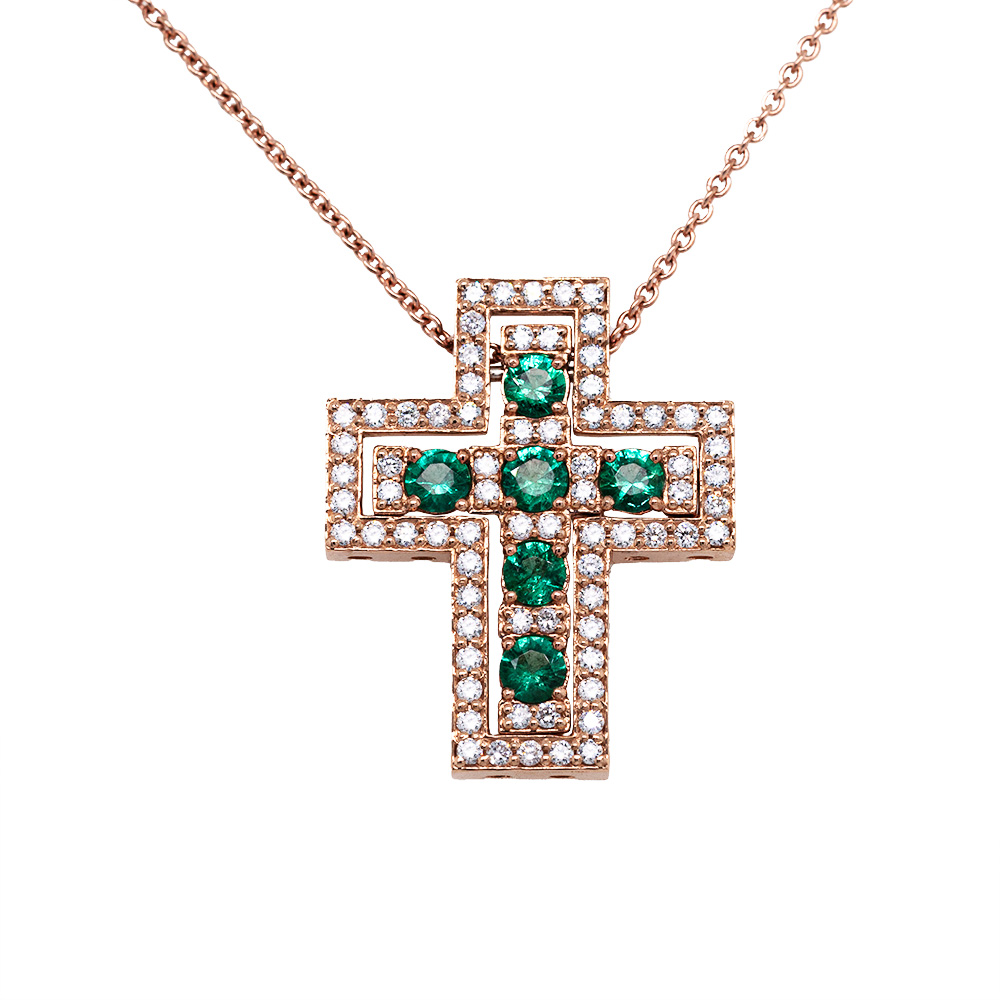 Croce in oro rosa con diamanti e smeraldi <br><h6>CRO-300 G</h6>