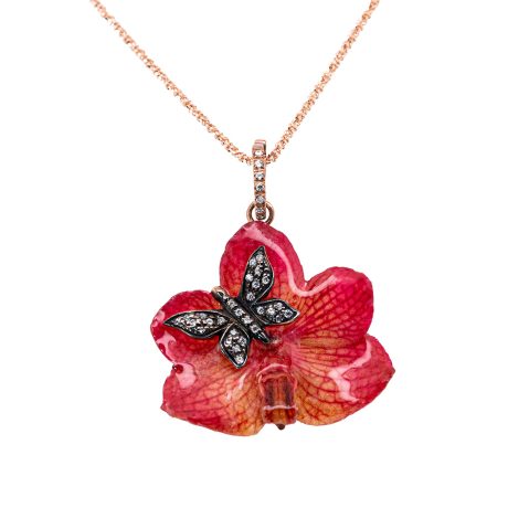 Ciondolo in argento 925 con zirconi e orchidea vera con catena 