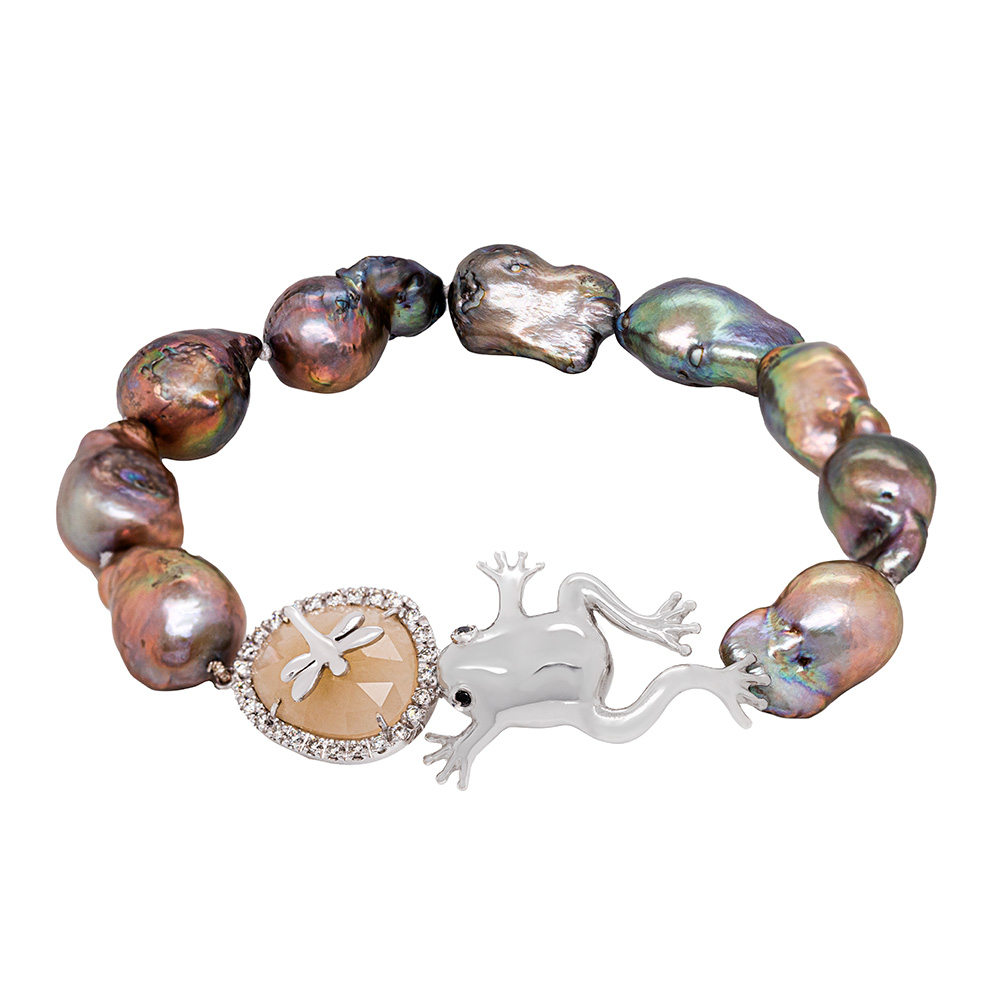 Bracciale Rana e Libellula in Oro con Perle, Quarzo e Diamanti <br><h6> ANF-033 </h6>