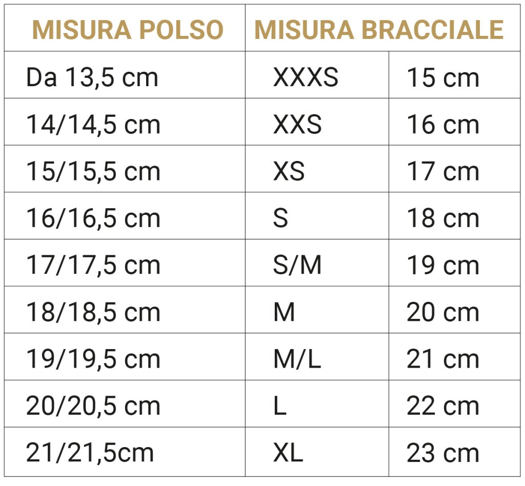 tabella misure bracciali guida alle taglie