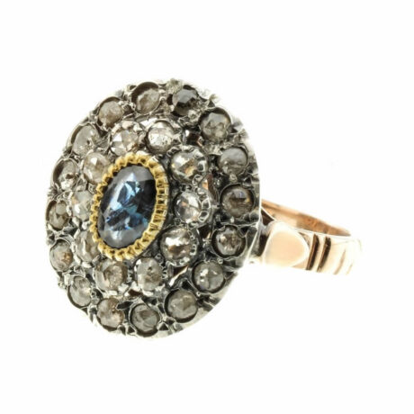 anello in oro, argento 925, diamanti rose coronè e zaffiro
