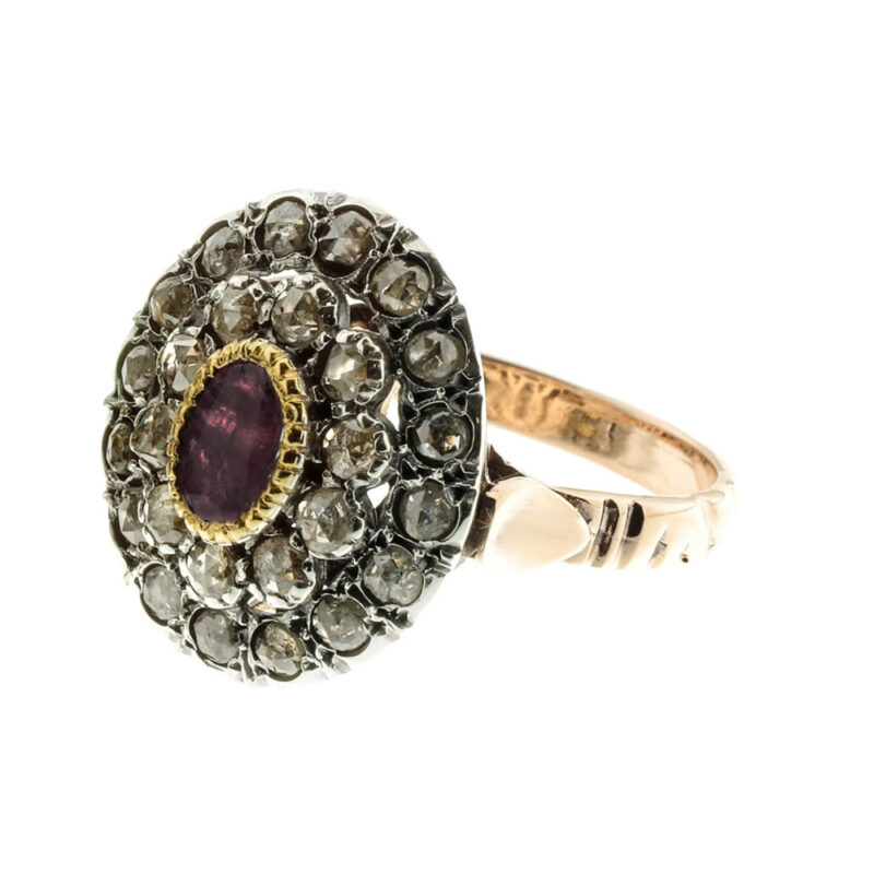 Anello in oro, argento 925, diamanti rose coronè e rubino