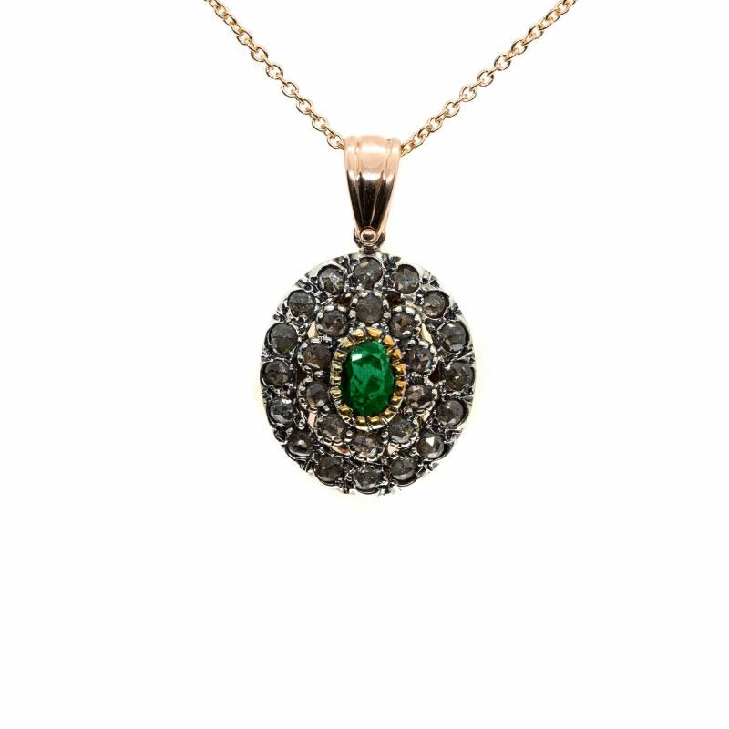 Pendente in oro e argento con diamanti e smeraldo