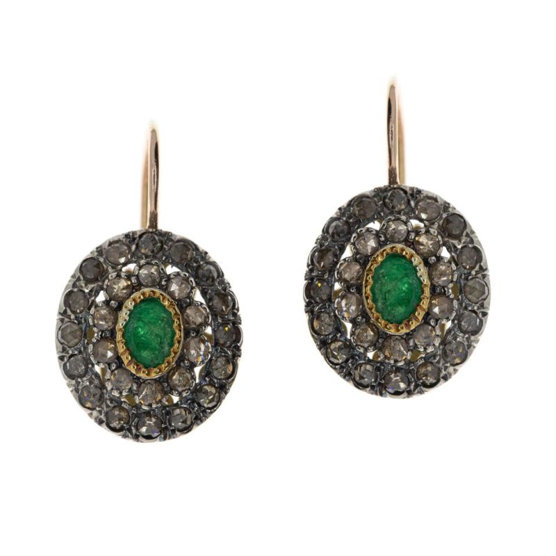 orecchini in oro, argento 925, diamanti rose coronè e smeraldo