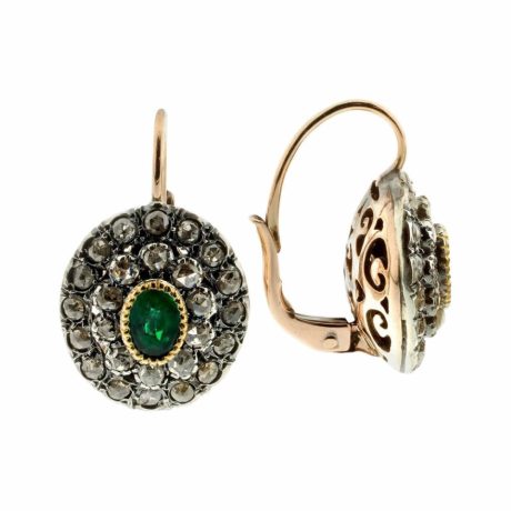 orecchini in oro, argento 925, diamanti rose coronè e smeraldo