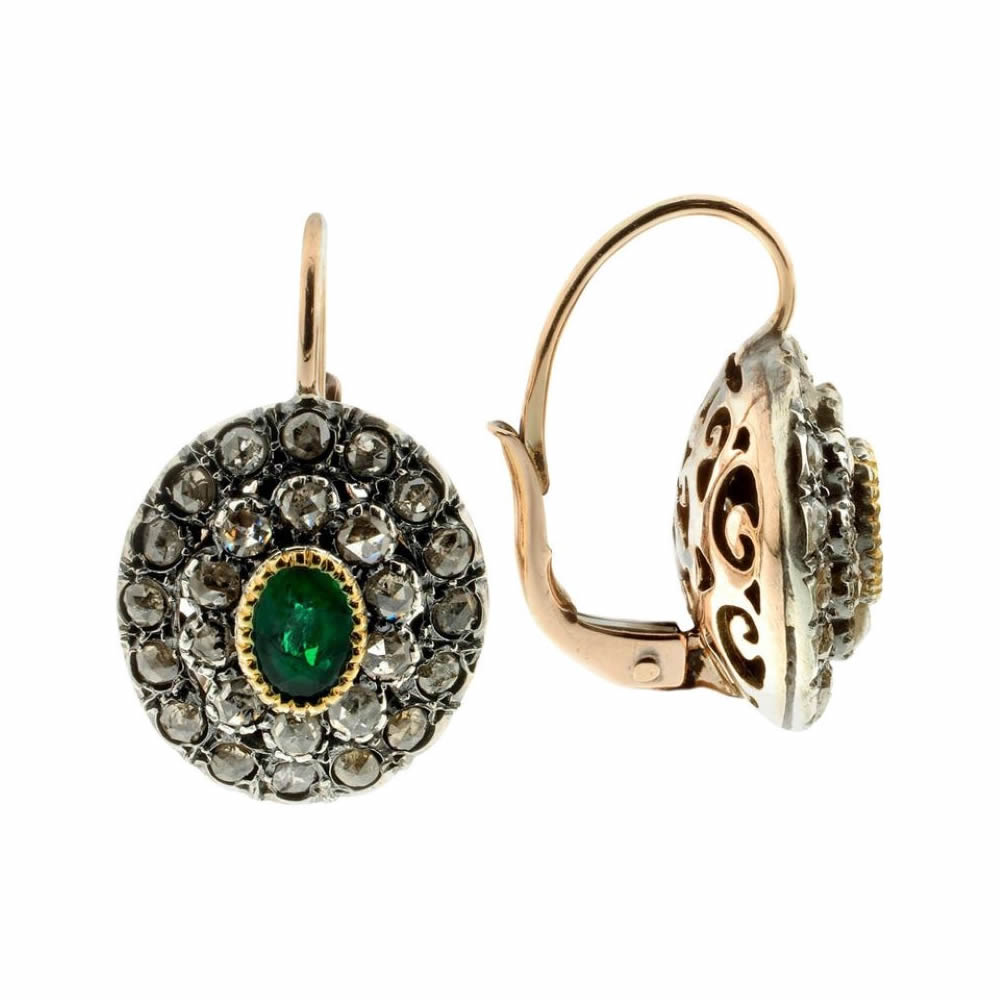 orecchini in oro, argento 925, diamanti rose coronè e smeraldo