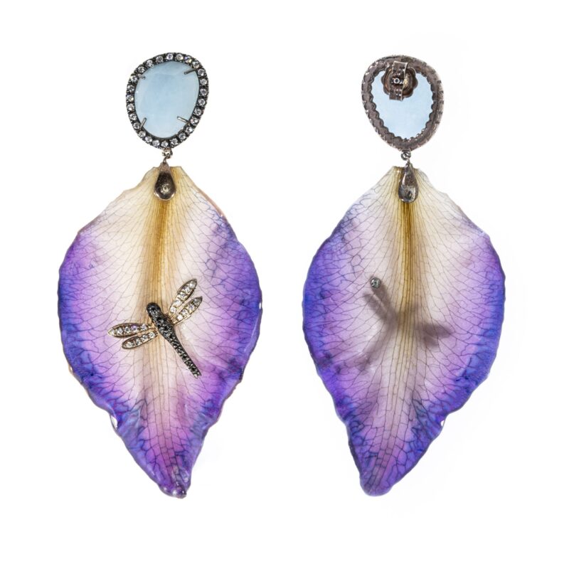 Orecchini in Argento 925 montati con Quarzite e Petalo vero, incastonati con Zirconi MOD.45 OR