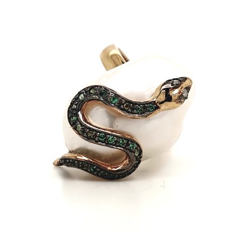 Anello Con serpente in Argento Giallo 925 con zirconi verdi e Perla coltivata