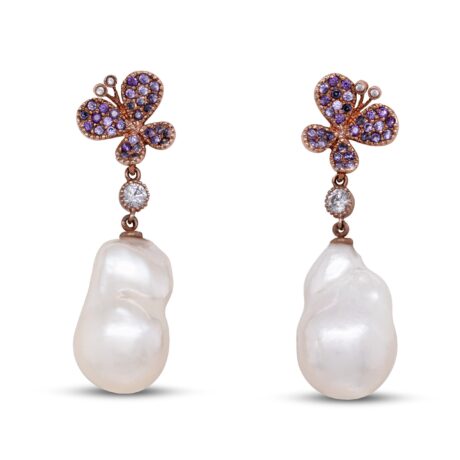 Orecchini in argento, metallo rosa, perle e zirconi viola e bianchi AF-003-F-BASC-OR-PE-GR-NO-FARF-PE