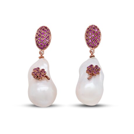 Orecchini in argento 925 con metallo rosa, quadrifogli, zirconi rossi e perle d'acqua dolce AF-004-QUADRIF-OR