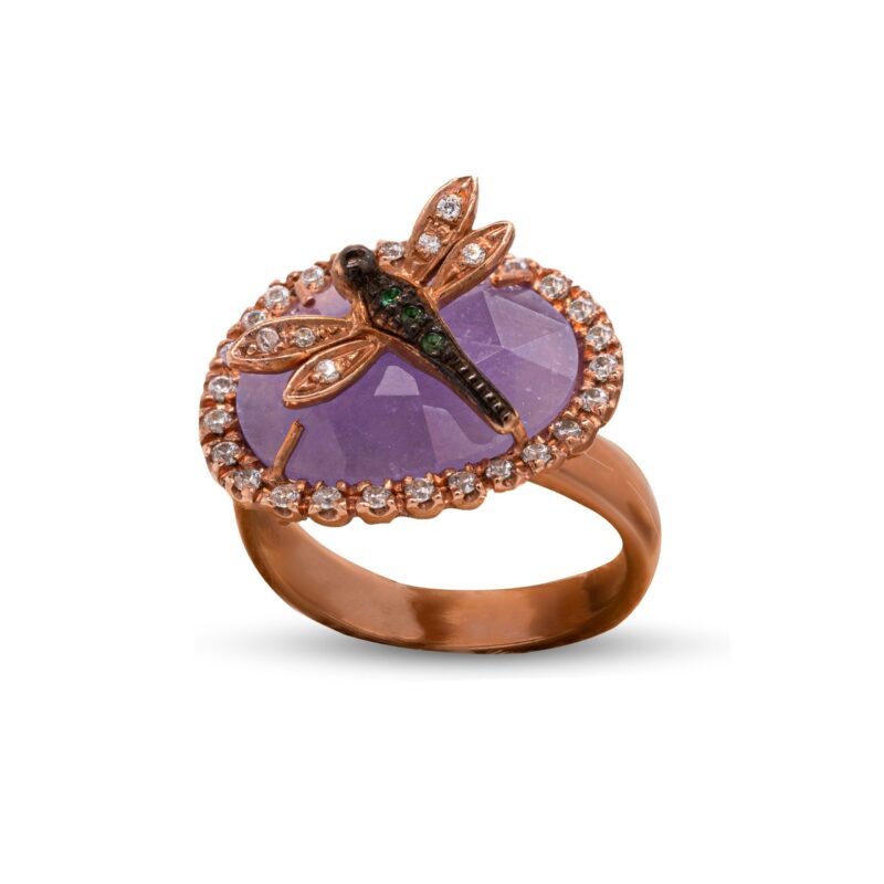 Anello in Argento Rosa 925, Pietra giada, Zirconi bianchi e zirconi verdi