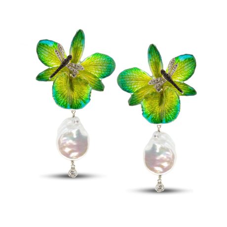 Orecchini Orchidea vera, Perle coltivate, Libellula in Argento 925 con Zirconi Bianchi e Zirconi neri