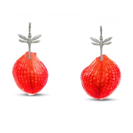Orecchini cn Petali veri Rossi, libellule in Agento 925 con Zirconi bianchi