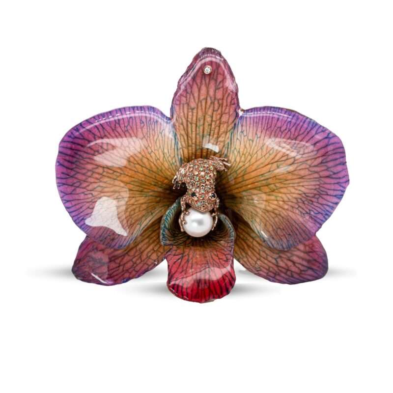 Ciondolo con Orchidea Rana in Argento Zirconi e Perla