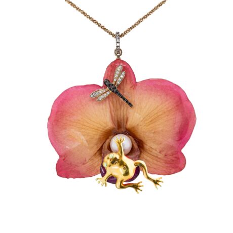 Collana Orchidea vera con Rana in Argento Rosa 925, Perla coltivata, Libellula con Zirconi Bianchi e Zirconi neri